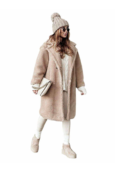 Woman's Fashion Γυναικείο εκρού παλτό με λεπτομέρειες από γούνα