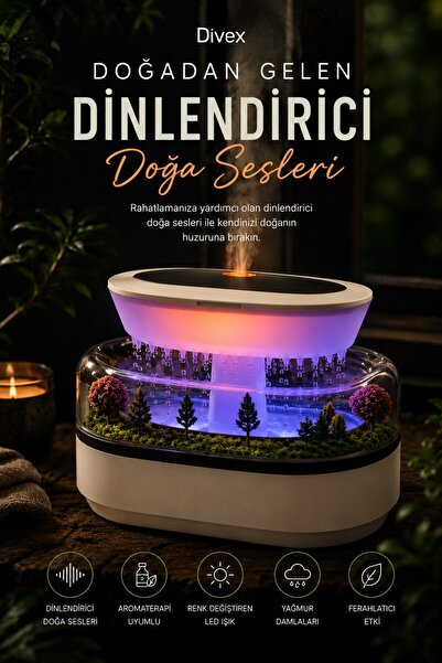 Divex Yağmur Efektli Doğa Sesli Aromaterapi Hava Nemlendirici 7 Renk LED Işık...