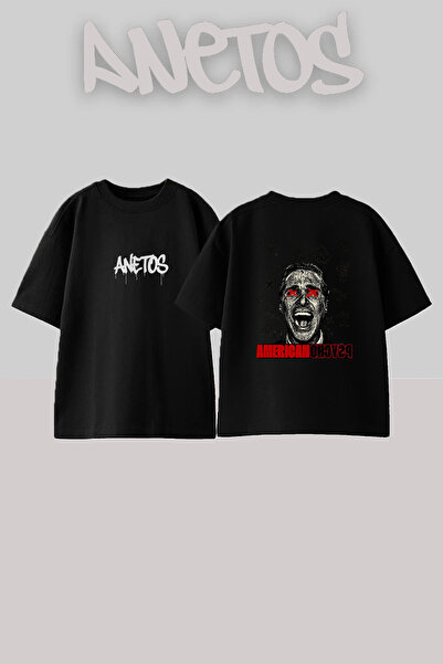 Anetos American Psycho Design Printed Unisex Oversize Black Tshirt