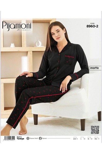 Pijamoni siyah kırmızı kurdeleli önden düğmeli uzun kollu cepli pijama takımı