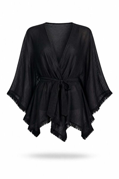 5in1Canpolat Siyah Kuşaklı Püsküllü Kimono 5101