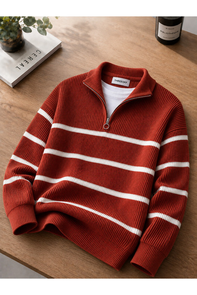 threeoff Men's Thessaloniki Knitted Half-Zip Striped Knitwear Sweater with St...