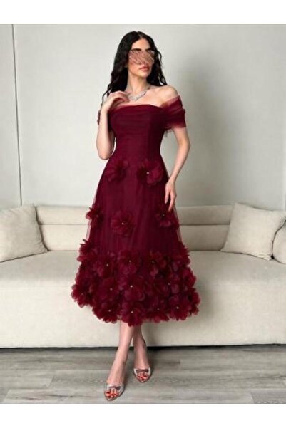 BASMA FASHION Burgundy Midi Evening Dress with Off-Shoulder