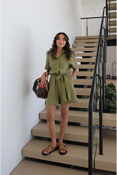 Havoş Haki Beli Kuşaklı Kısa Tulum