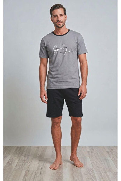 embody Men’s Short-Sleeved Cotton Pyjamas, Summer Set, grey top and shorts 402