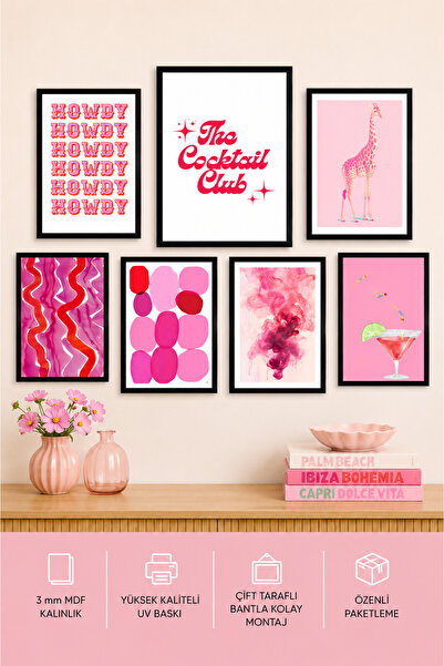 UNT 7'li Çerçeve Görünümlü Pembe Tablo Seti – Pop Art Duvar Dekoru