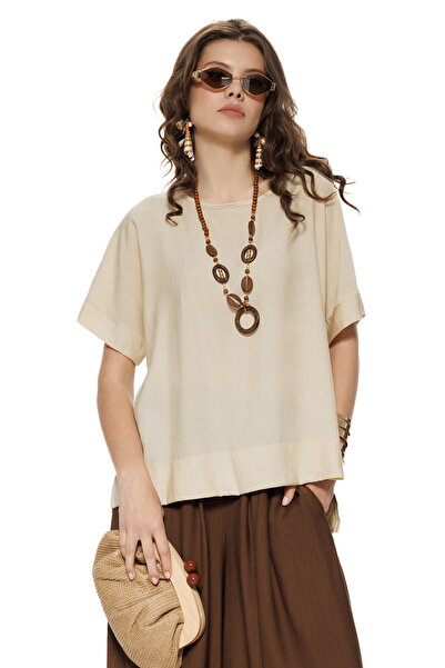 Fofy Bluza dama premium din vascoza racoroasa bej natur colier bohemian
