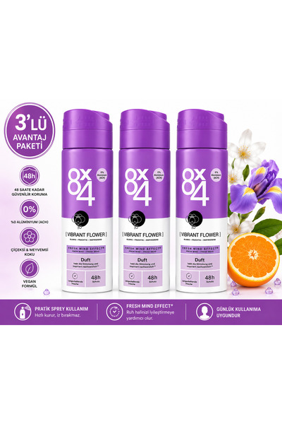 8x4 Vibrant Flower Sprey Deodorant 150 ml | Çiçeksi Meyvemsi Koku | 48 Saat K...