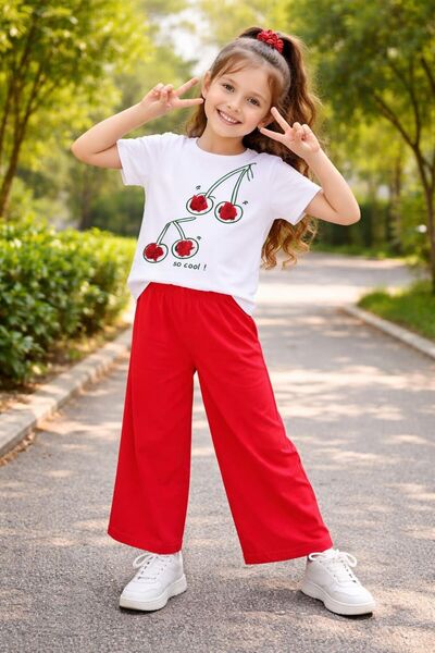 CiciTime Çocuk Modası Girl's Cherry Printed 2-Piece Summer Wide-Leg Pants Top...