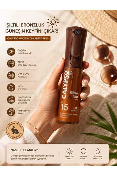 Calypso glow tan SDF 15 sprey güneş kremi hızlı bronzluk güçlü UV koruma