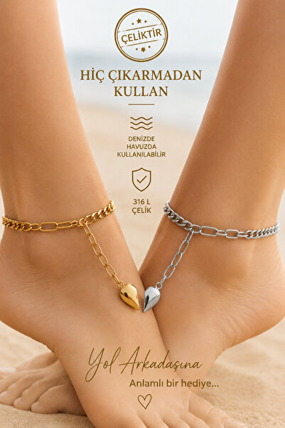Sacce Scarves&Accessories 316 L Steel Half Heart Detailed Anklet Set of 2 Mea...