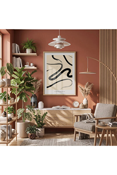 KOLAJTASARIM Tablou abstract Black Flow cu ramă din lemn natural, aspect de p...