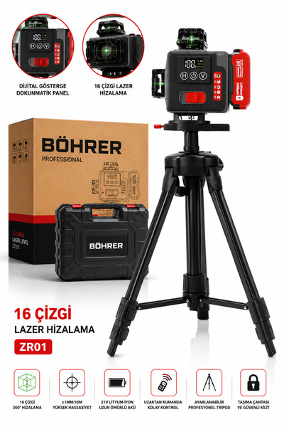 BÖHRER BA011439 2 AKÜLÜ YENİ MODEL 16 SATIR 360 DERECE 4 KÖŞE PROFESYONEL YEŞ...