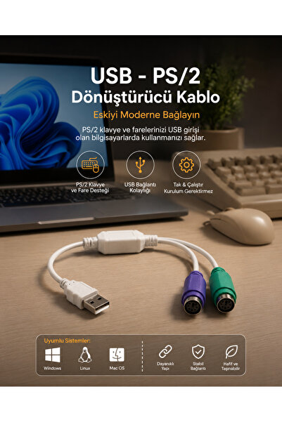 Derwell USB to PS2 Dönüştürücü Çevirici Kablo Adaptör Masaüstü Laptop PC Uyum...