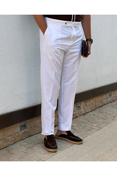 Avni Ceylan Men's Premium White Buckle High-Waist Fabric Trousers – Italian C...