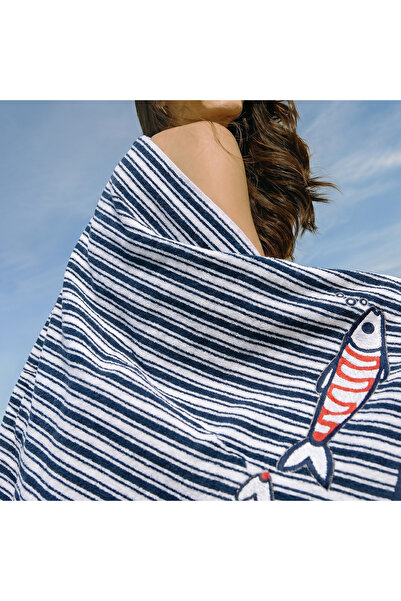 Green Black Marina Beach Towel 100% Cotton Blue Striped Fish Pattern 70X150