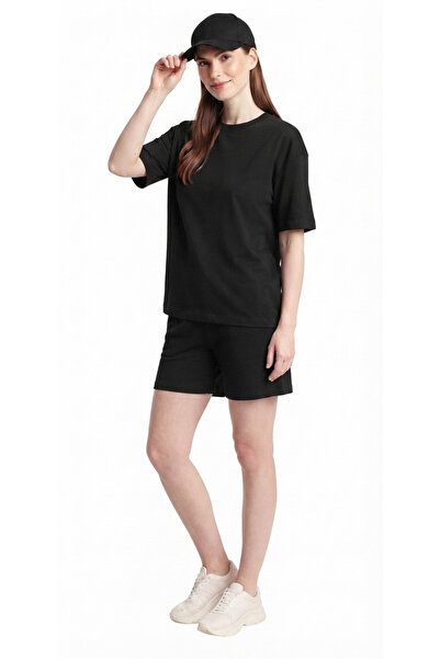SAAT TEKSTİL Women's Minimal Black T-Shirt Shorts Set Relaxed Fit Summer Comb...
