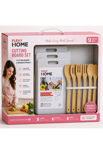 flexy 9-Piece Kitchen Combo – 3 Cutting Boards & 6 Natural Wooden Cooking Ute...