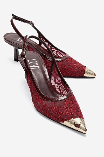 LuviShoes Clem Burgundy Lace Detailed Gold Toe Women's Heeled Shoes
