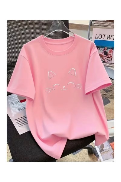 ZİYMO Women's Cute Cat Face Printed Oversized T-Shirt