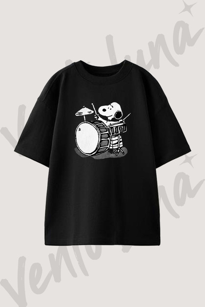 Vento Luna Snoopy drums Tasarım Baskılı Unisex Oversize Kalıp Siyah Tshirt