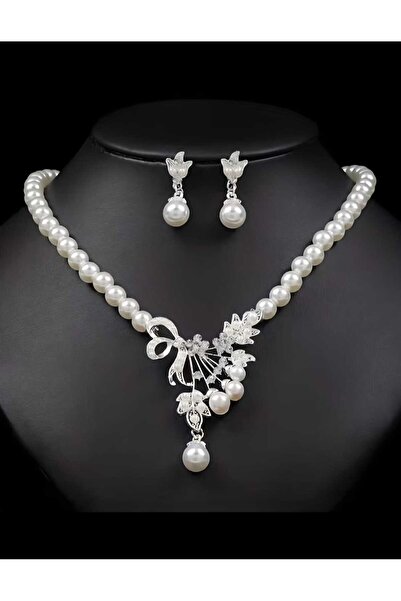 Ivory Pearl zirkon taşlı inci kolye ve küpe takımı gerdanlık takı seti hediye...