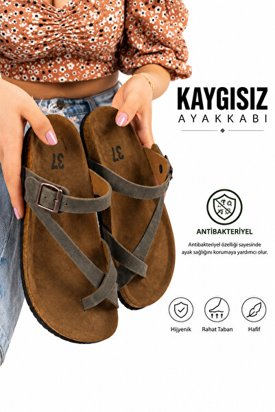 KAYGISIZ AYAKKABI Ortopedik Tabanlı Terlik Çift Bantlı Tokalı Günlük Rahat Ev...