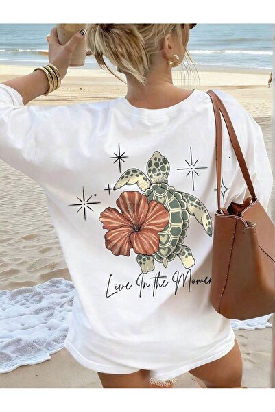 khufu White Oversize Cotton T-Shirt with Turtle and Flower Print, Relaxed Fit...