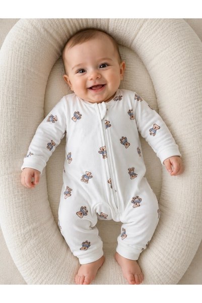 AKİ MODA KİDS Cute Teddy Bear Patterned Zippered Baby Romper