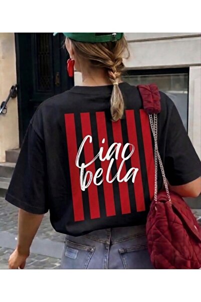 LELVANİ Women's Red Writing Ciao Bella Line Printed Crew Neck White T-Shirt