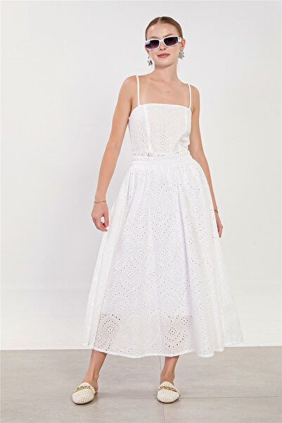 BARRELS AND OIL Women's Midi Brode Skirt - Ecru