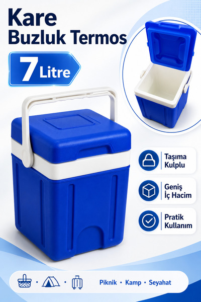 GÜZELYÜZ AVM Kare Buzluk Termos 7 Litre Taşıma Kulplu Piknik Kamp Araba Seyah...