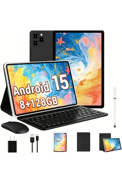 W&O Tablet 10.1 Inch Android 15 OS Pad, 2in 1 Pad with Keyboard, Mouse, Case,...