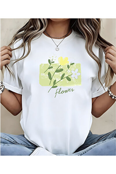 ASELİNDA Women's White Pastel Flower Printed Crew Neck T-Shirt