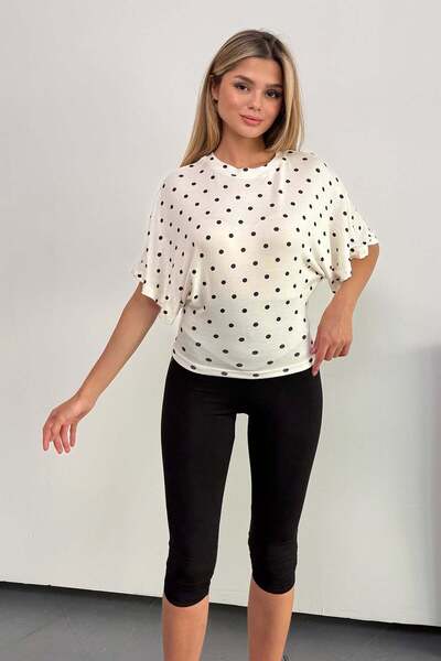 GİYSA Women's Crew Neck Bat Sleeve Polka Dot Blouse Ecru - 26Y 26881