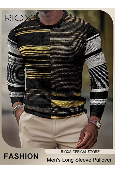 RIOXS Men's Round Neck Sweater Long Sleeve Sweatshirt Printed Slim Fit Top Shirt