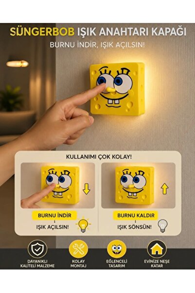 seyuse Sünger Bob Işık Anahtarı Kapağı | Burnu Hareketli Işık Açma Kapama Apa...