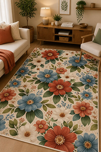 G&C HOME Vintage Büyük Çiçek Desenli Dijital Baskı Kaymaz Taban Halı Salon Ya...