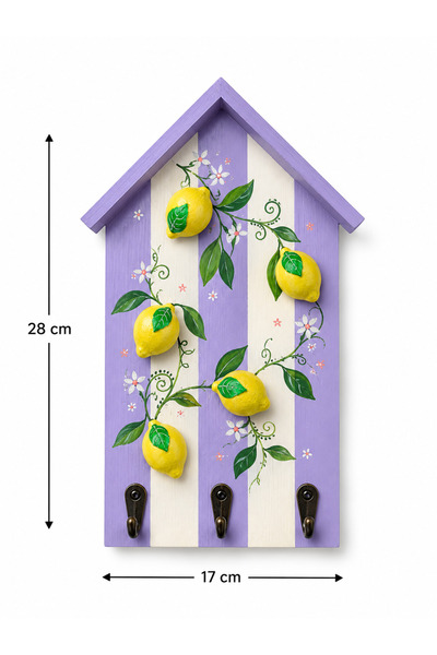 El Boyaması Ahşap Ev Anahtarlık Askılığı – Dekoratif Duvar Anahtarlığı – 3 Kancalı – 17x28 cm