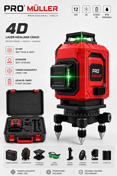 Pro Müller Alman Profesyonel Otomatik Hizalama 12 Köşe 360° Yeşil Lazer Çizgi...