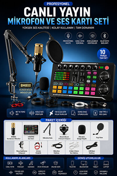 SFL Product Profesyonel BM800 Mikrofon ve V10XPRO Ses Kartı Yayın Seti | Blue...