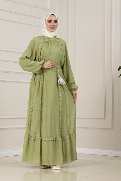 Sevitli Ruffle Detailed Belted September Dress-Green