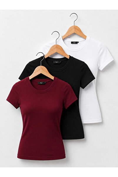 POLYMOOD Set of 3 95% Cotton Body-Fitting Full Length Slim Fit Lycra Blouse-T...