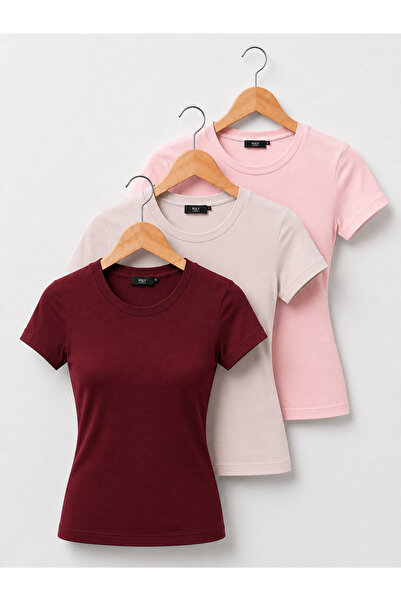 POLYMOOD Set of 3 95% Cotton Body-Fitting Full Length Slim Fit Lycra Blouse-T...