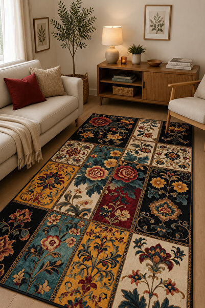 G&C HOME Çiçek Desenli Patchwork Kaymaz Taban Halı Salon Mutfak Balkon Korido...