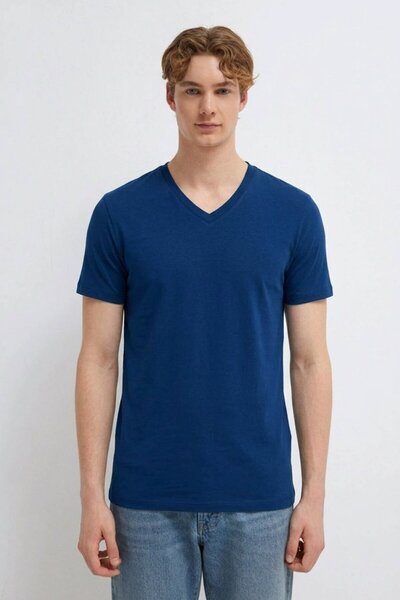 DAMGA JEANS Men's Casual Comfortable Blue V-Neck T-Shirt