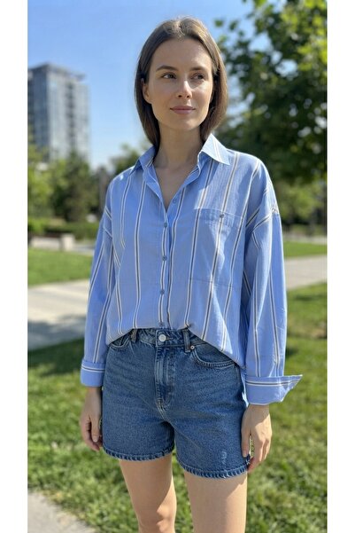 DipOL Butik Oversize Cut Off-Shoulder Blue and White Striped Poplin Shirt