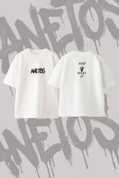 Anetos Asap Rocky Design Printed Oversize Crew Neck T-Shirt White