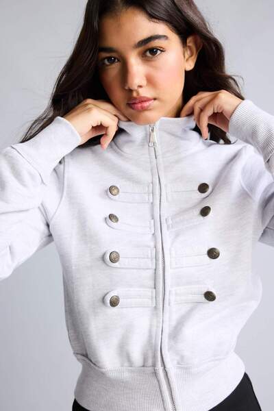 DeFacto Loose Fit Half Turtleneck Zippered Gray Melange Jacket I2409Ax26Au