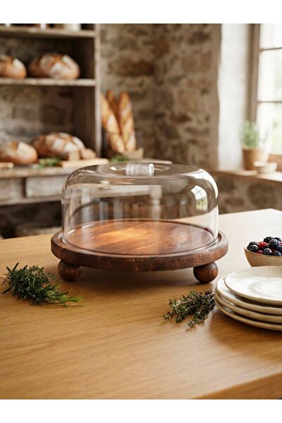 Rabo Craft Large Pedestal Round Wooden Stand Cake Dome and Serving Natural Wo...